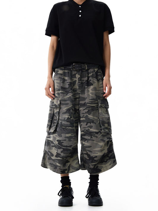 Ace Jolun Washed‑Distressed Camo Denim Shorts