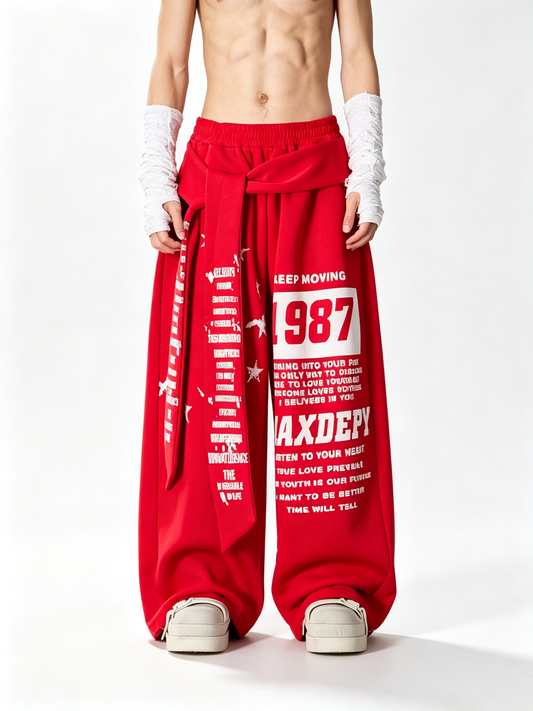 Ace Jolun Streetwear Printed Elastic‑Waist Loose Straight‑Leg Cargo Pants