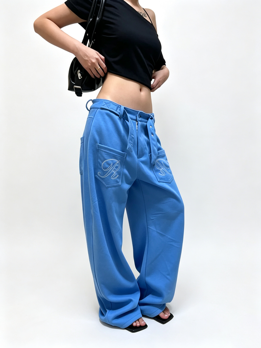 Ace Jolun Vintage Paris Buckle Embroidered Flocked Print Curved Wide‑Leg Pants