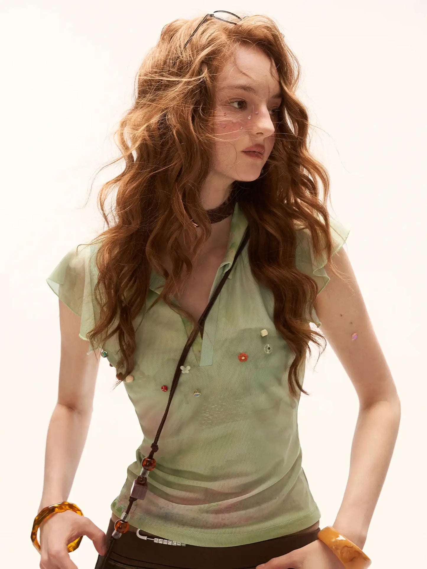 Green Flutter Sleeve Beaded Polo Top