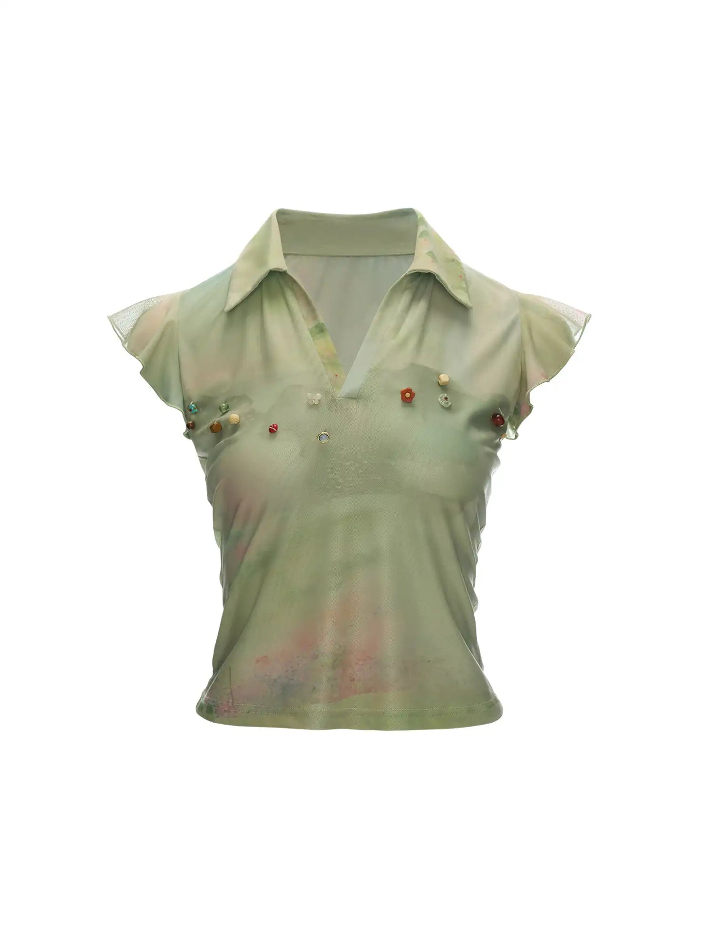 Green Flutter Sleeve Beaded Polo Top