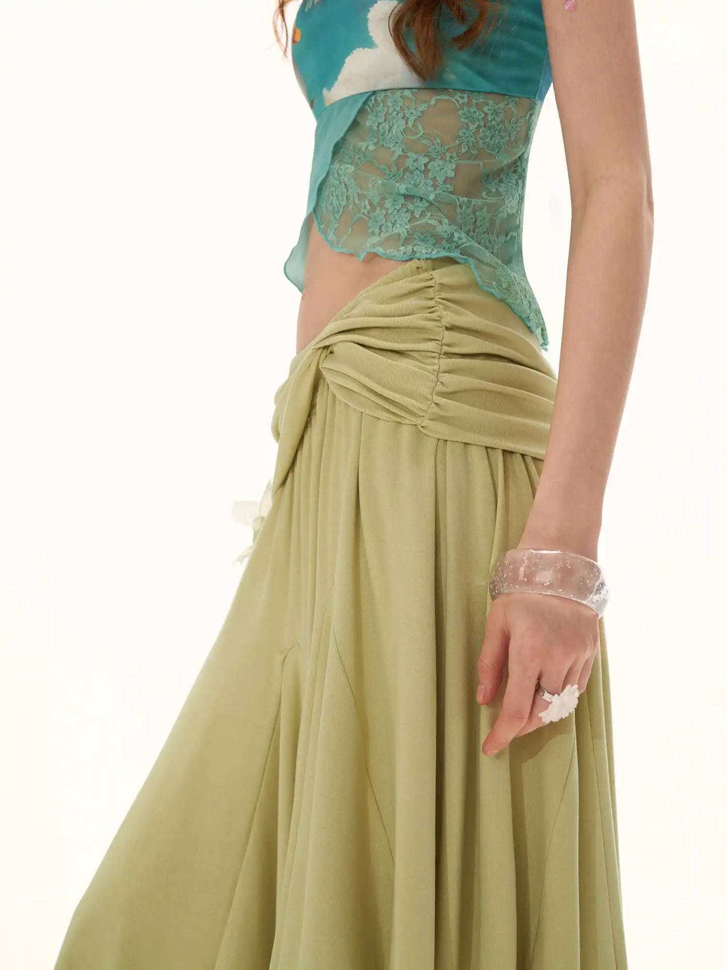 Green Fold Over Asymmetric Hem Midi Skirt