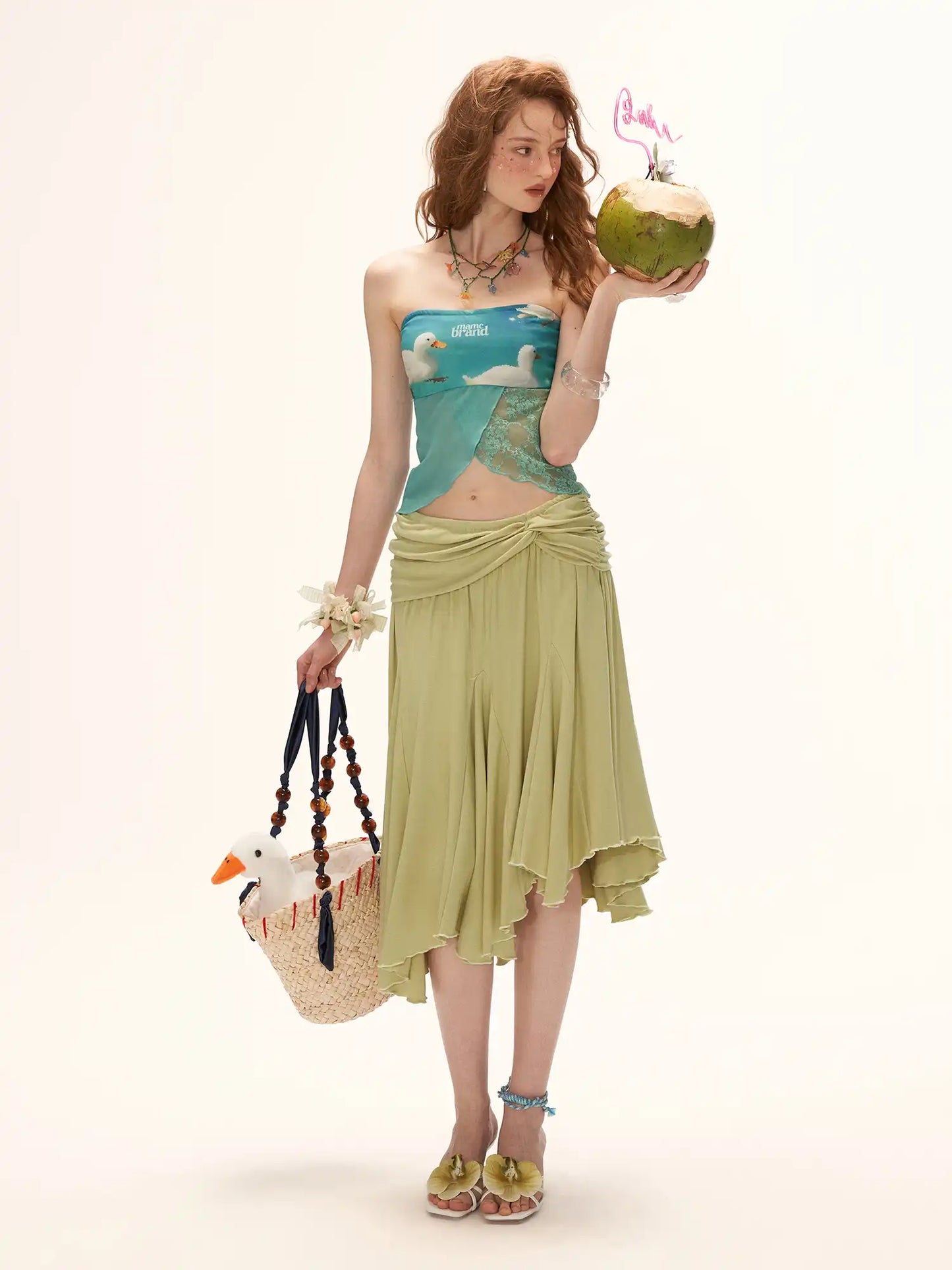 Green Fold Over Asymmetric Hem Midi Skirt