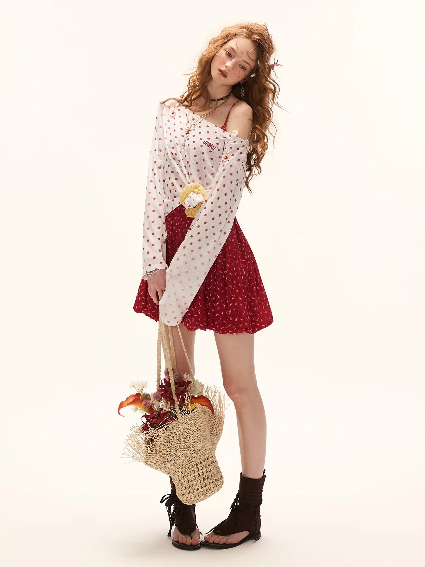 Long Sleeve Flower Button Polka Dot Sheer Top