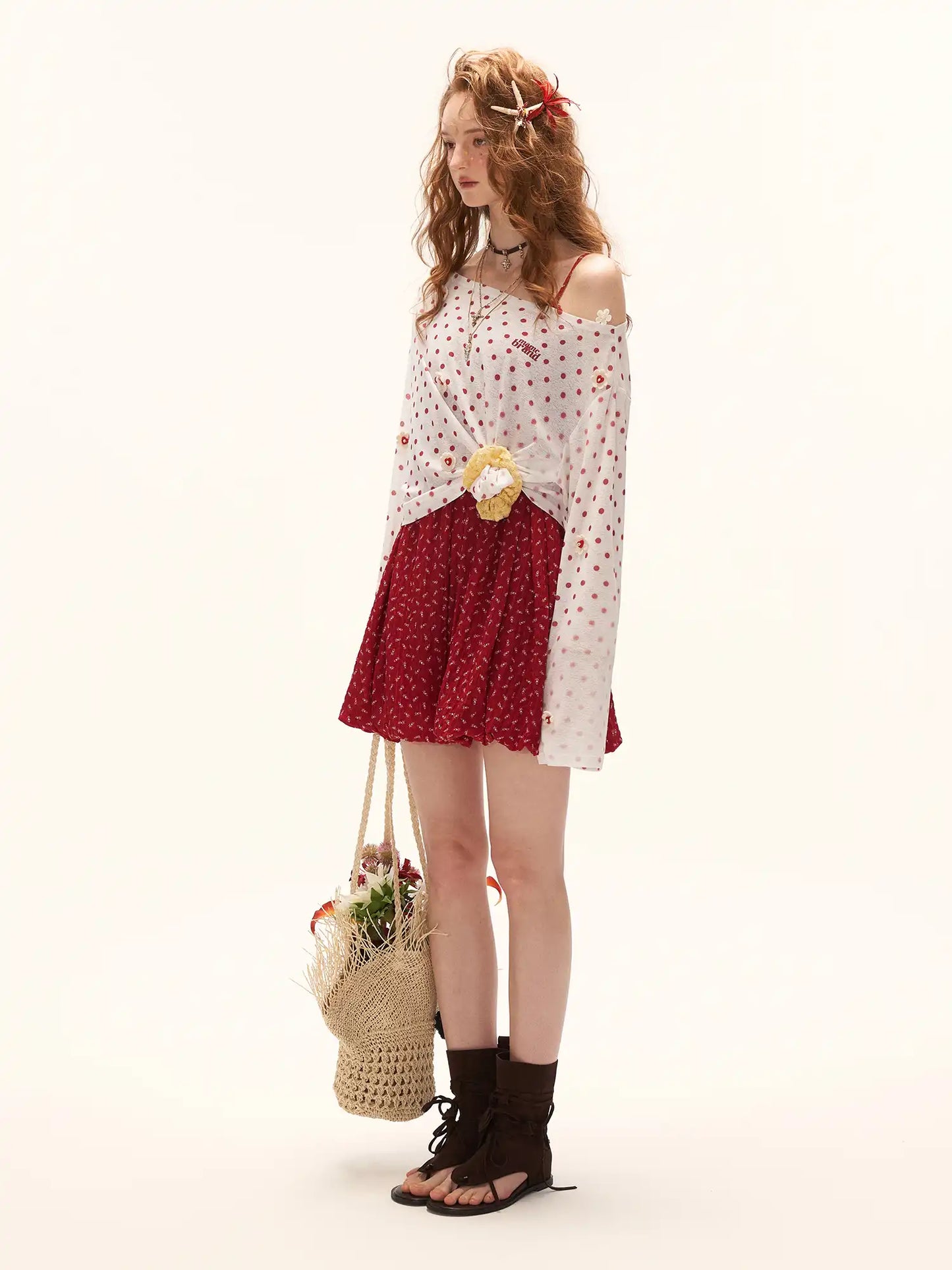 Long Sleeve Flower Button Polka Dot Sheer Top