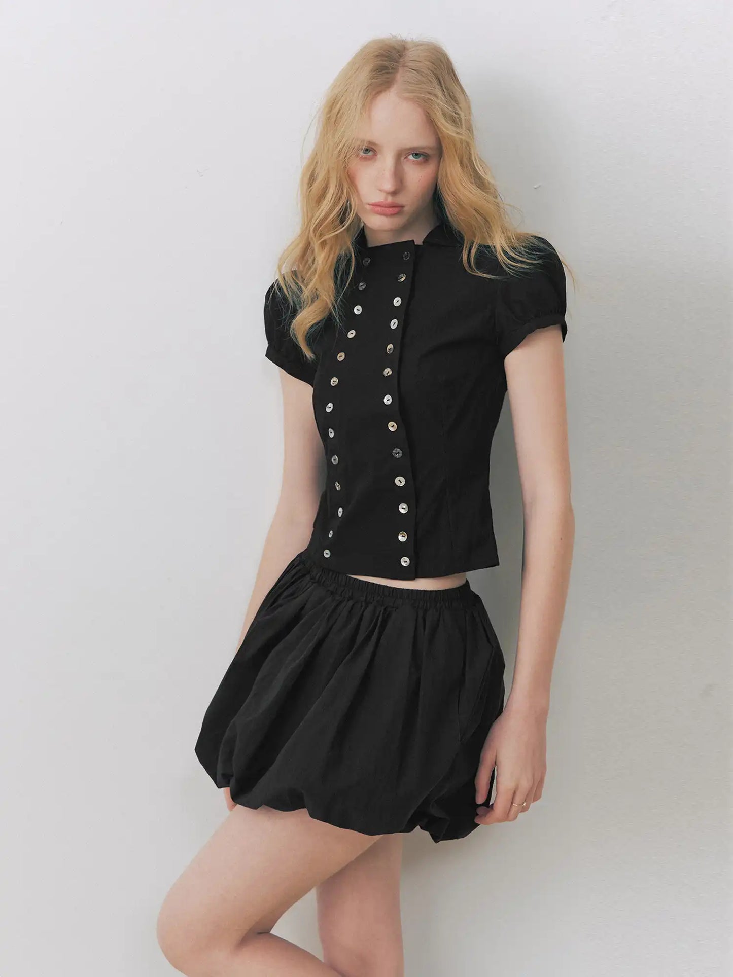 Shell Buttons Front Puff Sleeve Shirt