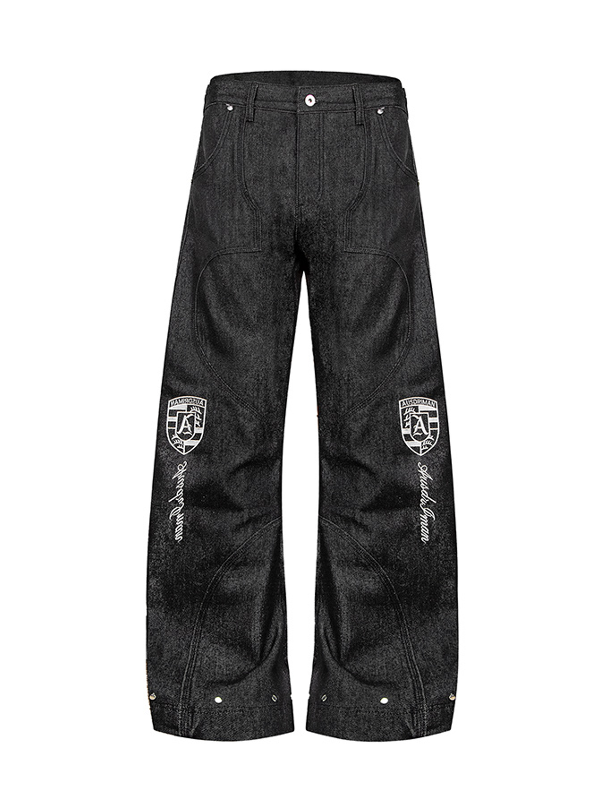 Ace Jolun. Badge Embroidered Curved-Leg Raw Denim Jeans product view 1