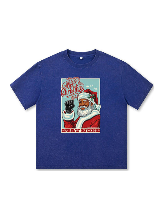 Ace Jolun. Black Santa Stay Woke Washed Tee - Royal Blue