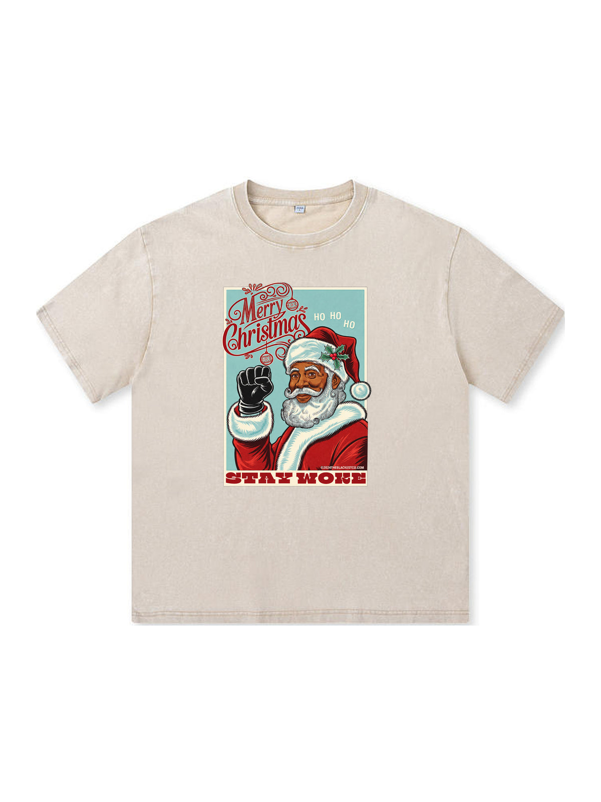 Ace Jolun. Black Santa Stay Woke Washed Tee - Cream