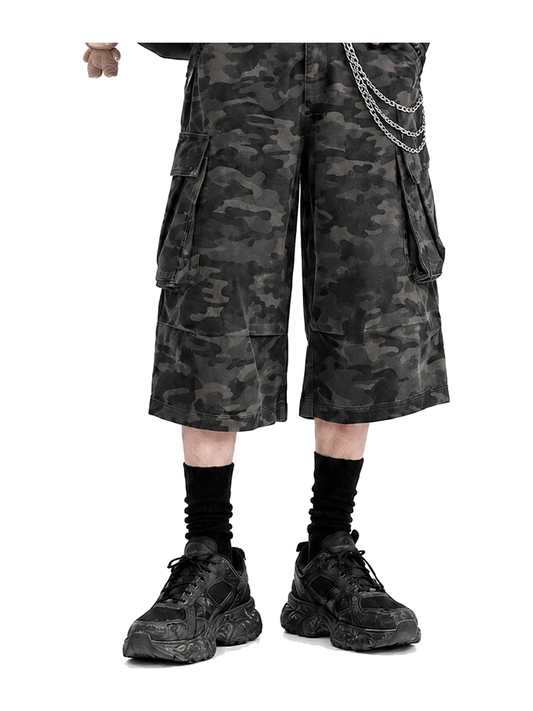 Black Camo camo cargo longline shorts view 1