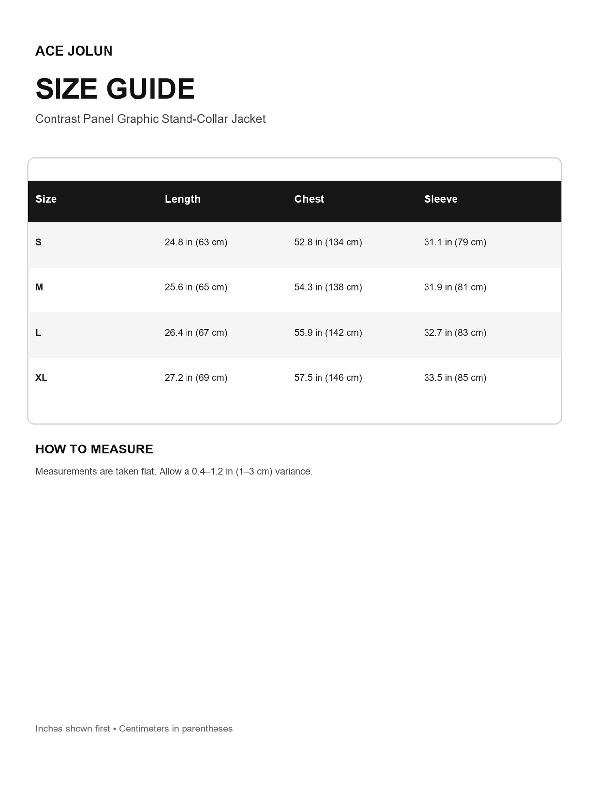 Contrast Panel Graphic Stand-Collar Jacket Size Guide