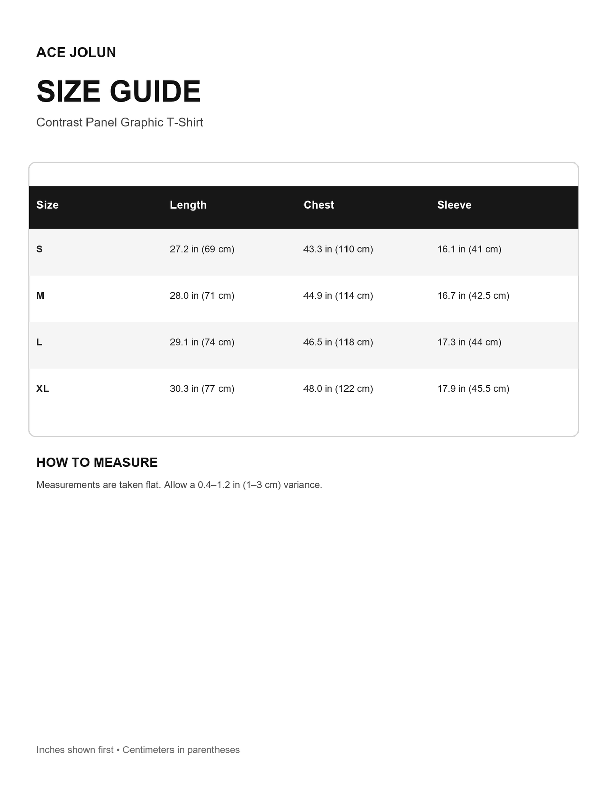 Contrast Panel Graphic T-Shirt Size Guide
