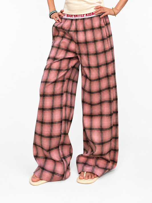 Ace Jolun dusty pink plaid wide-leg pants angled view