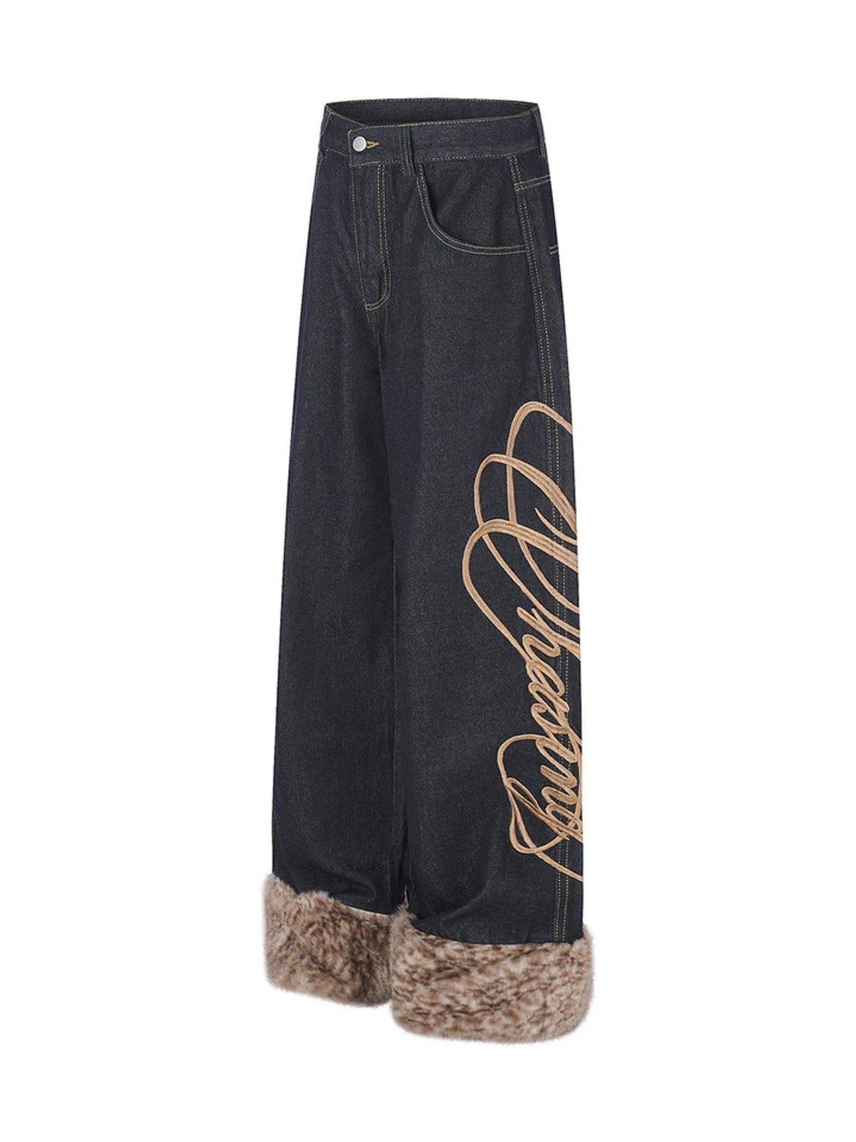 Ace Jolun. Faux-Fur Trim Embroidered Jeans product view 2