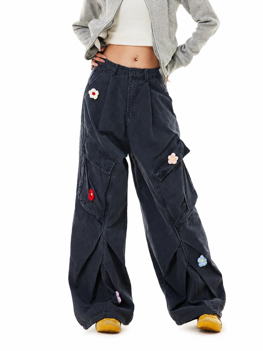 Ace Jolun charcoal floral applique cargo jeans front view