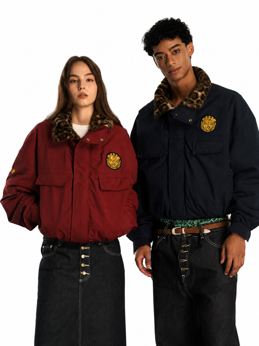 Ace Jolun red and navy leopard-collar fleece parkas