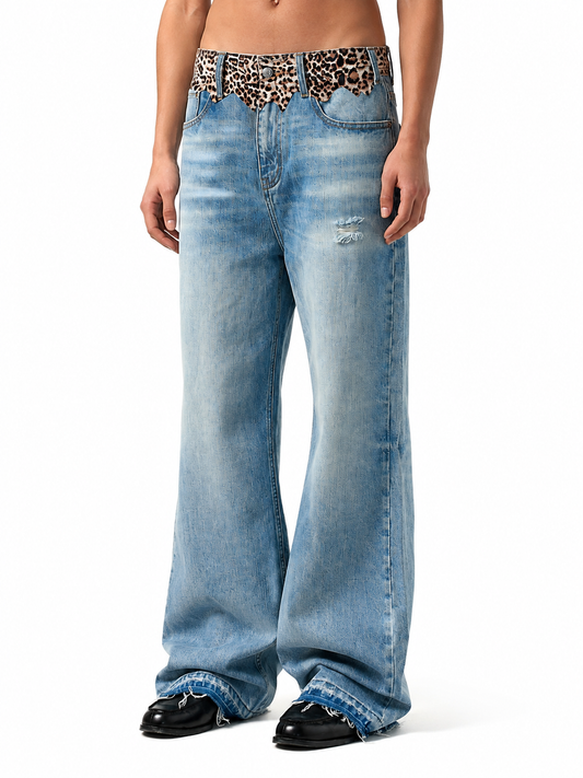 Ace Jolun Leopard Patchwork Flare Jeans in Light Blue