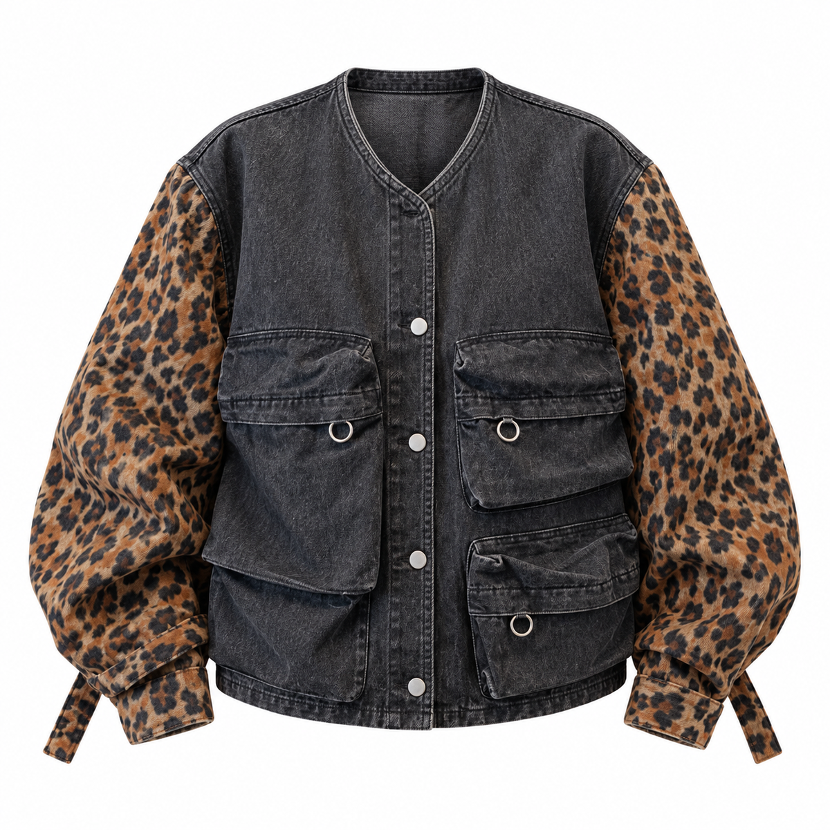 Ace Jolun. Leopard-Sleeve Washed Denim Jacket product view 1