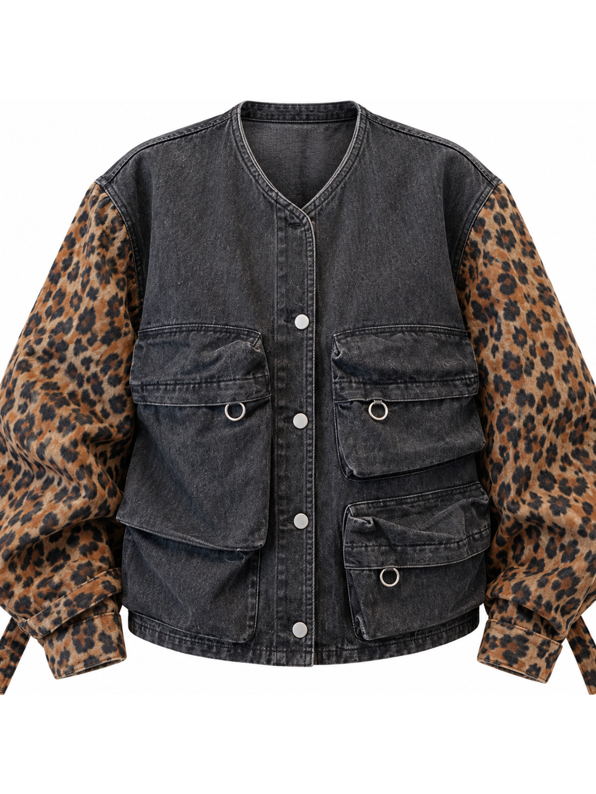 Ace Jolun. Leopard-Sleeve Washed Denim Jacket product view 2