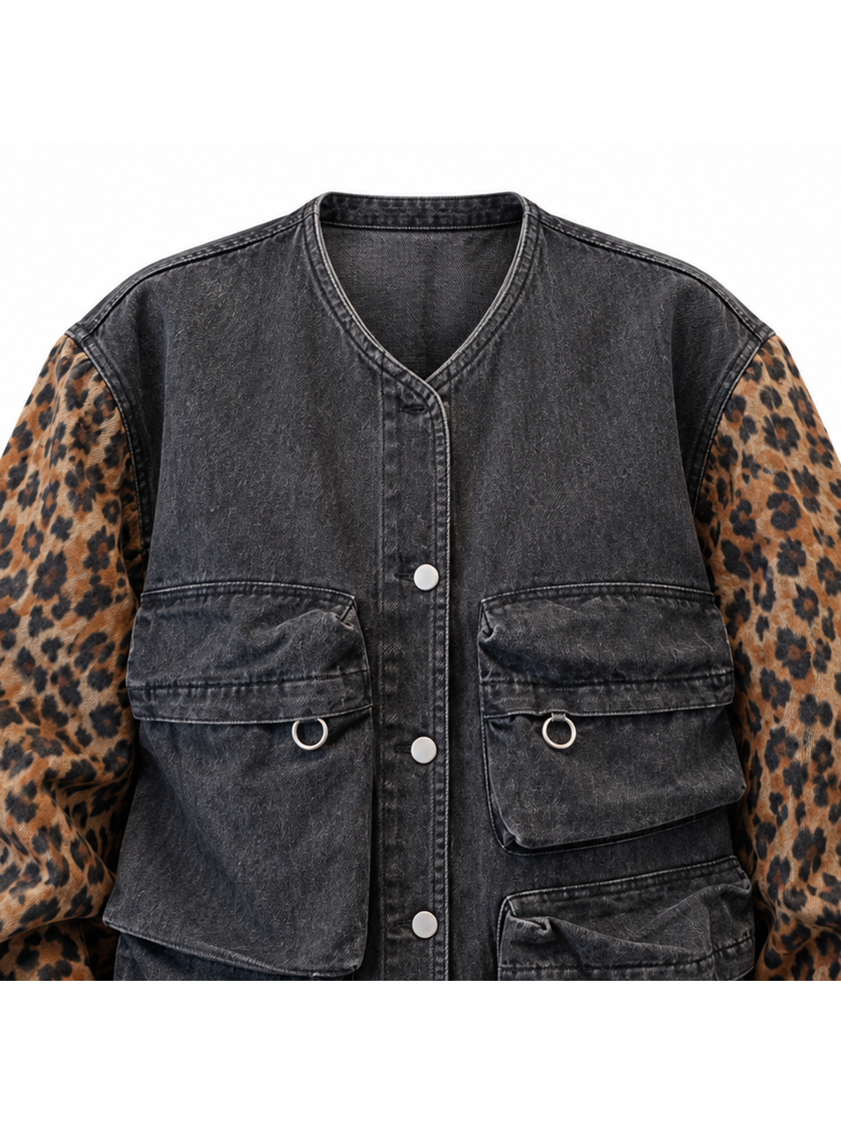 Ace Jolun. Leopard-Sleeve Washed Denim Jacket product view 3