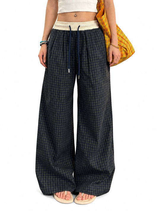 Ace Jolun navy plaid wide-leg pants front view