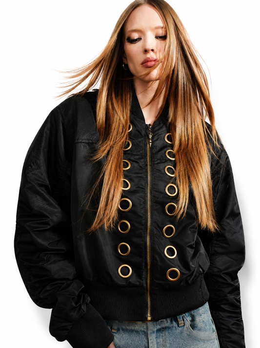 Ace Jolun black Napoleon vent eyelet bomber jacket women front view