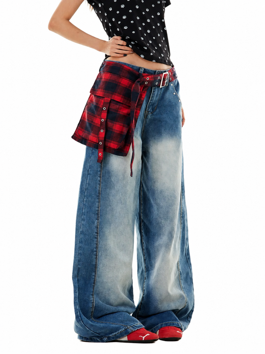 Ace Jolun blue wash plaid-panel curved-leg jeans front view