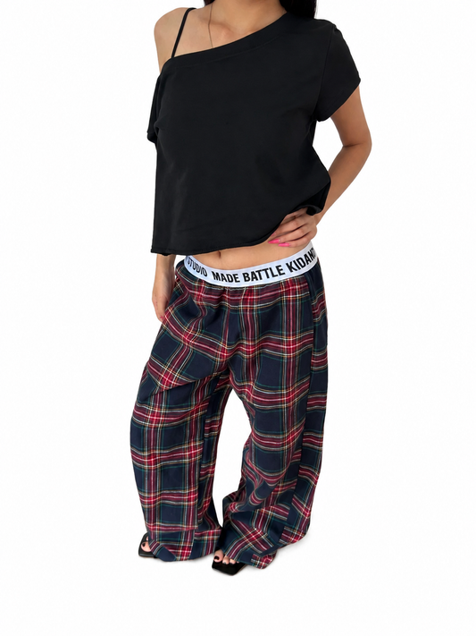 Ace Jolun navy and red plaid wide-leg pants angled view