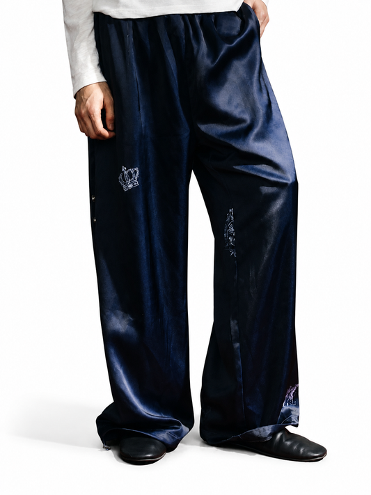Ace Jolun navy printed satin wide-leg pants front view