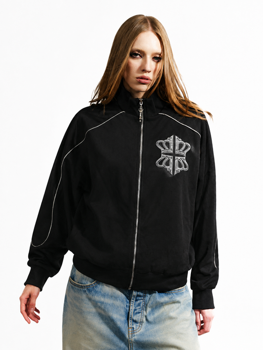 Ace Jolun black rhinestone crown track jacket front view