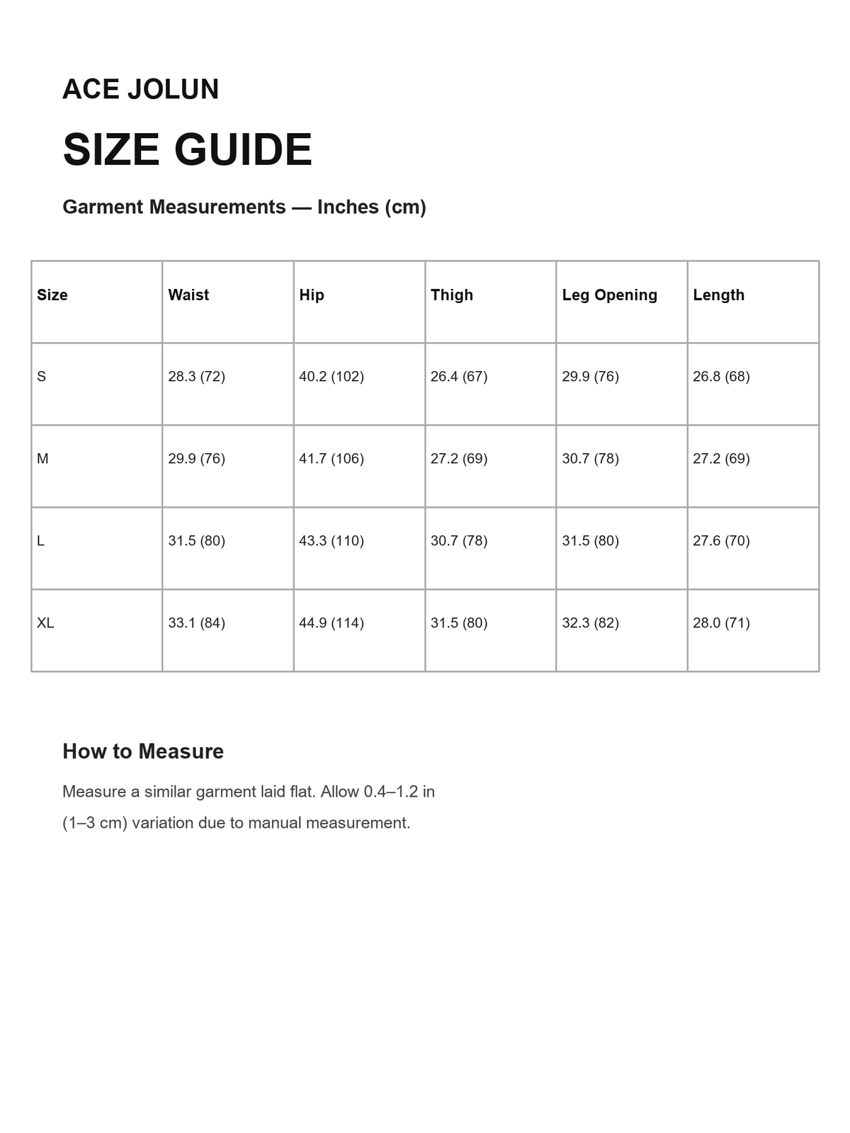 Ace Jolun size guide for Snake-Panel Deconstructed Longline Shorts