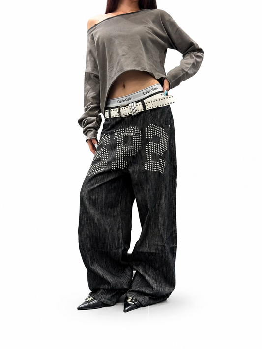 Ace Jolun black studded wide-leg jeans full view