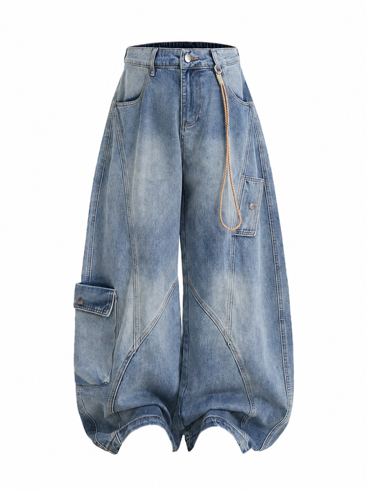 Ace Jolun blue washed barrel-leg cargo jeans front view