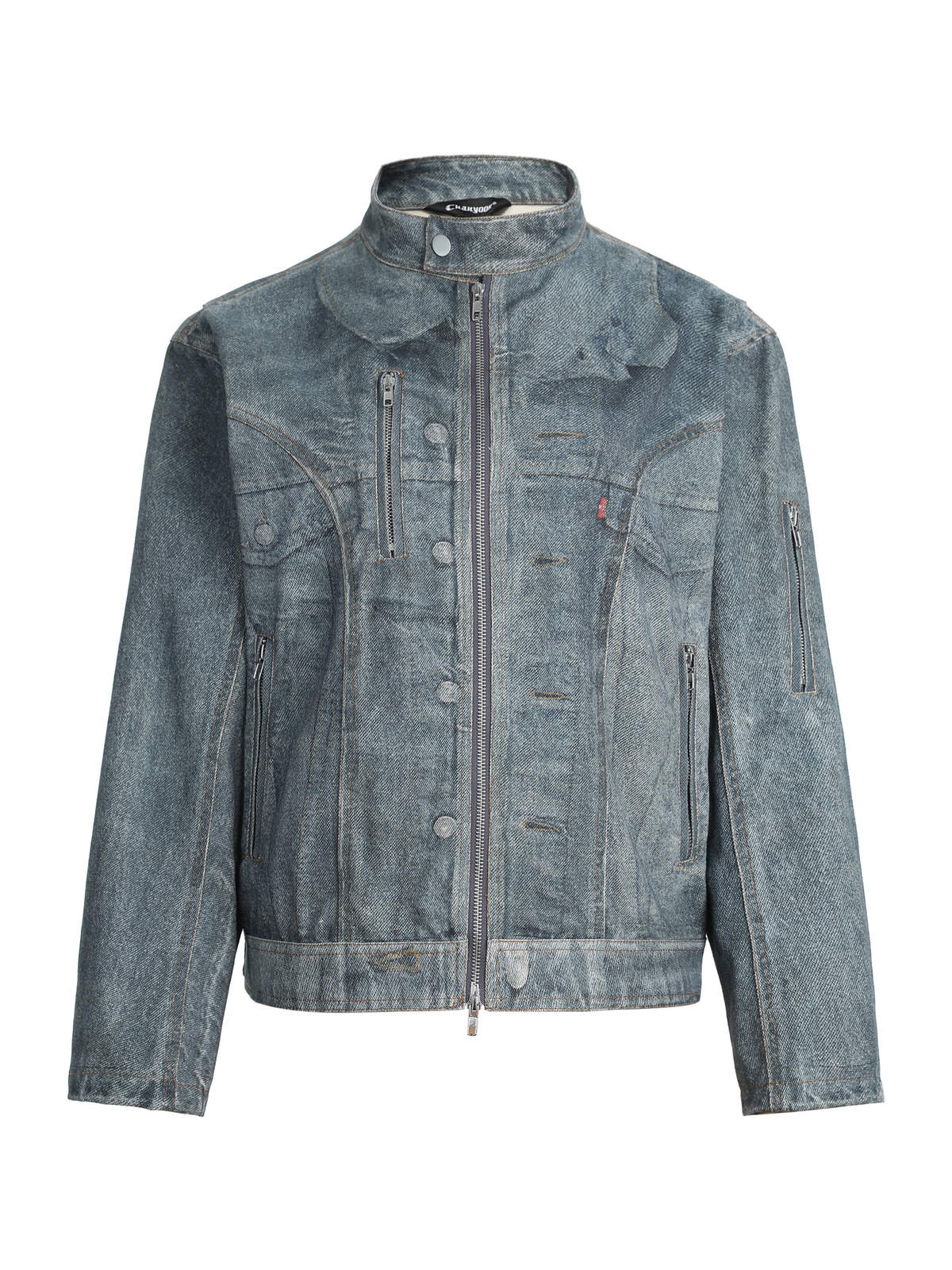 Ace Jolun. Washed Graphic Stand-Collar Denim Jacket product view 1