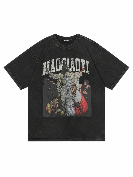 Ace Jolun washed black portrait graphic T-shirt front view