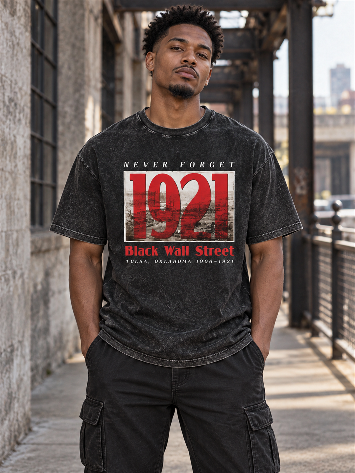 Ace Jolun. 1921 Black Wall Street Washed Tee lifestyle look