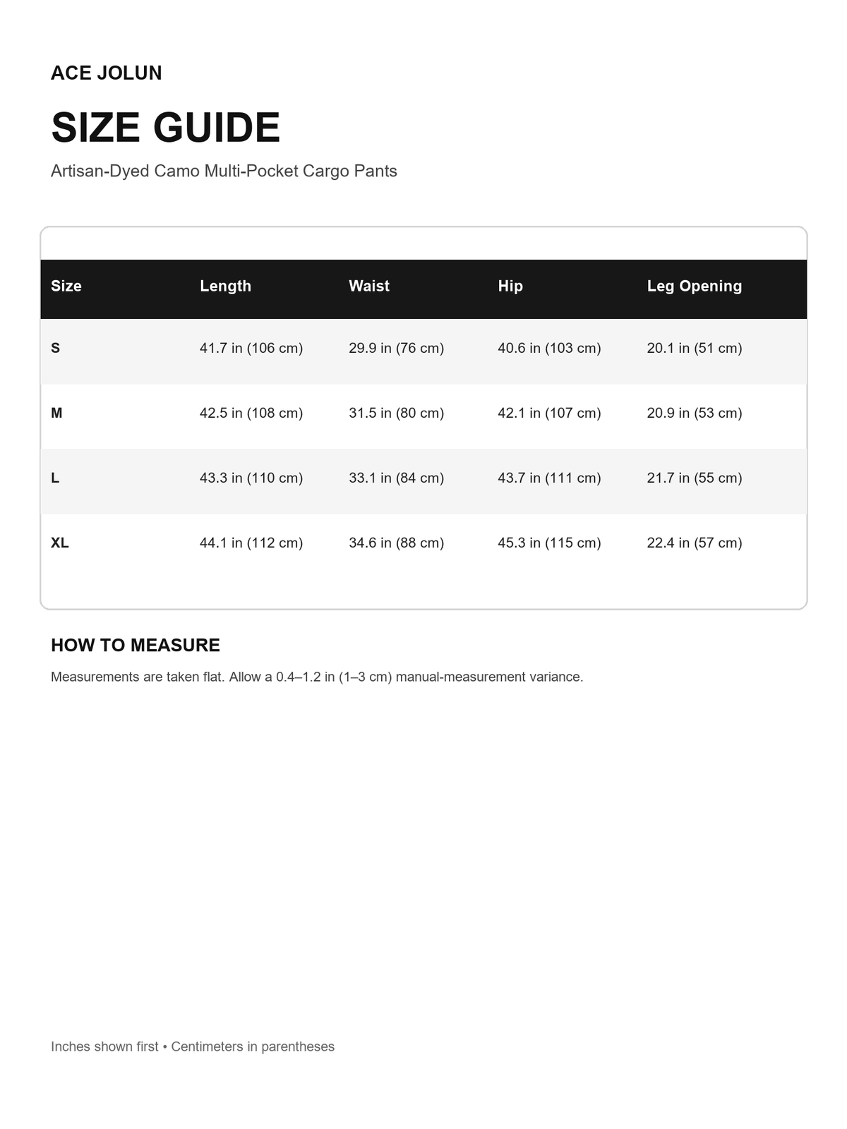 Artisan-Dyed Camo Multi-Pocket Cargo Pants Size Guide