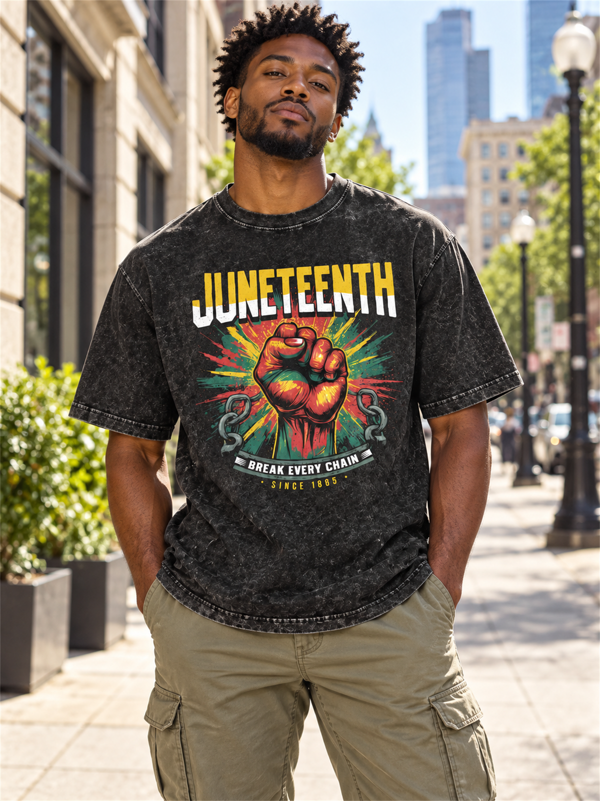 Ace Jolun. Juneteenth Break Every Chain Washed Tee lifestyle look