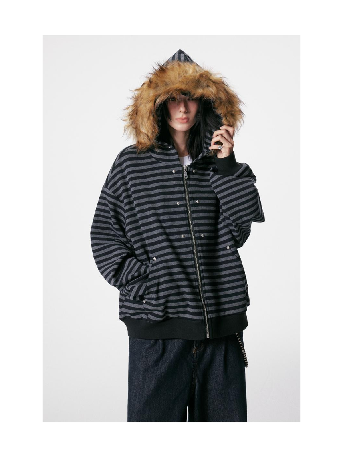 Ace Jolun. Studded Striped Fur-Trim Hoodie product image 4