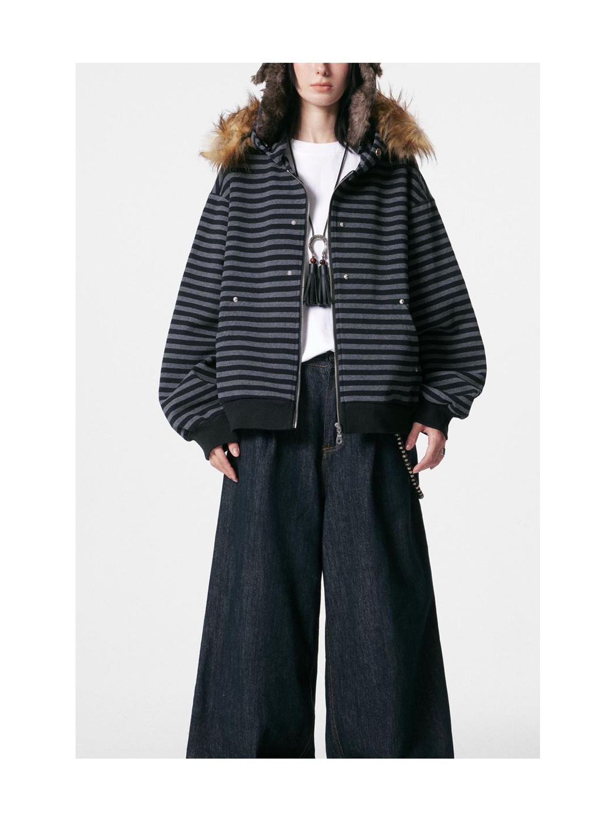 Ace Jolun. Studded Striped Fur-Trim Hoodie product image 5
