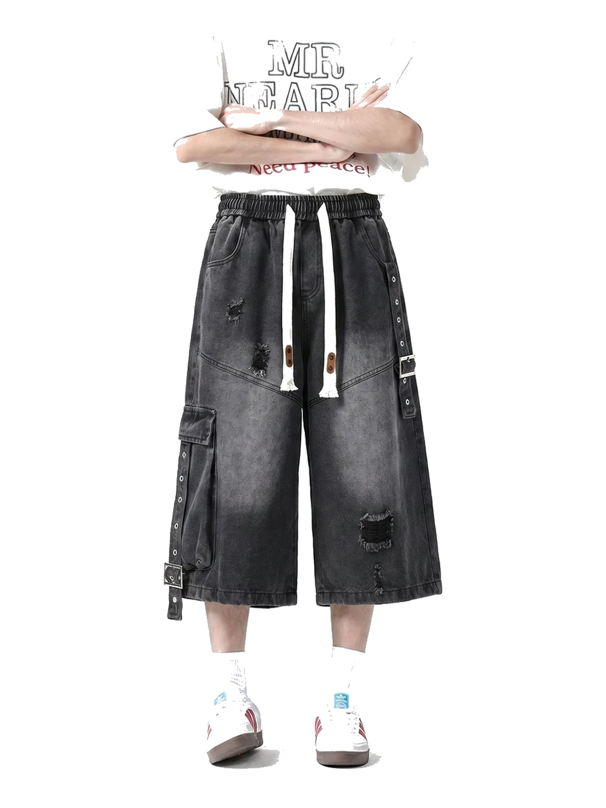 Ribbon Distressed Longline Denim Shorts product image 1