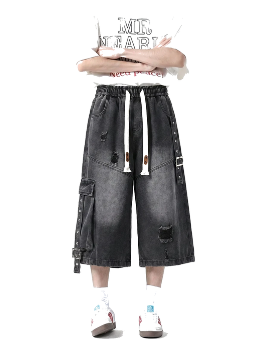 Ribbon Distressed Longline Denim Shorts product image 1