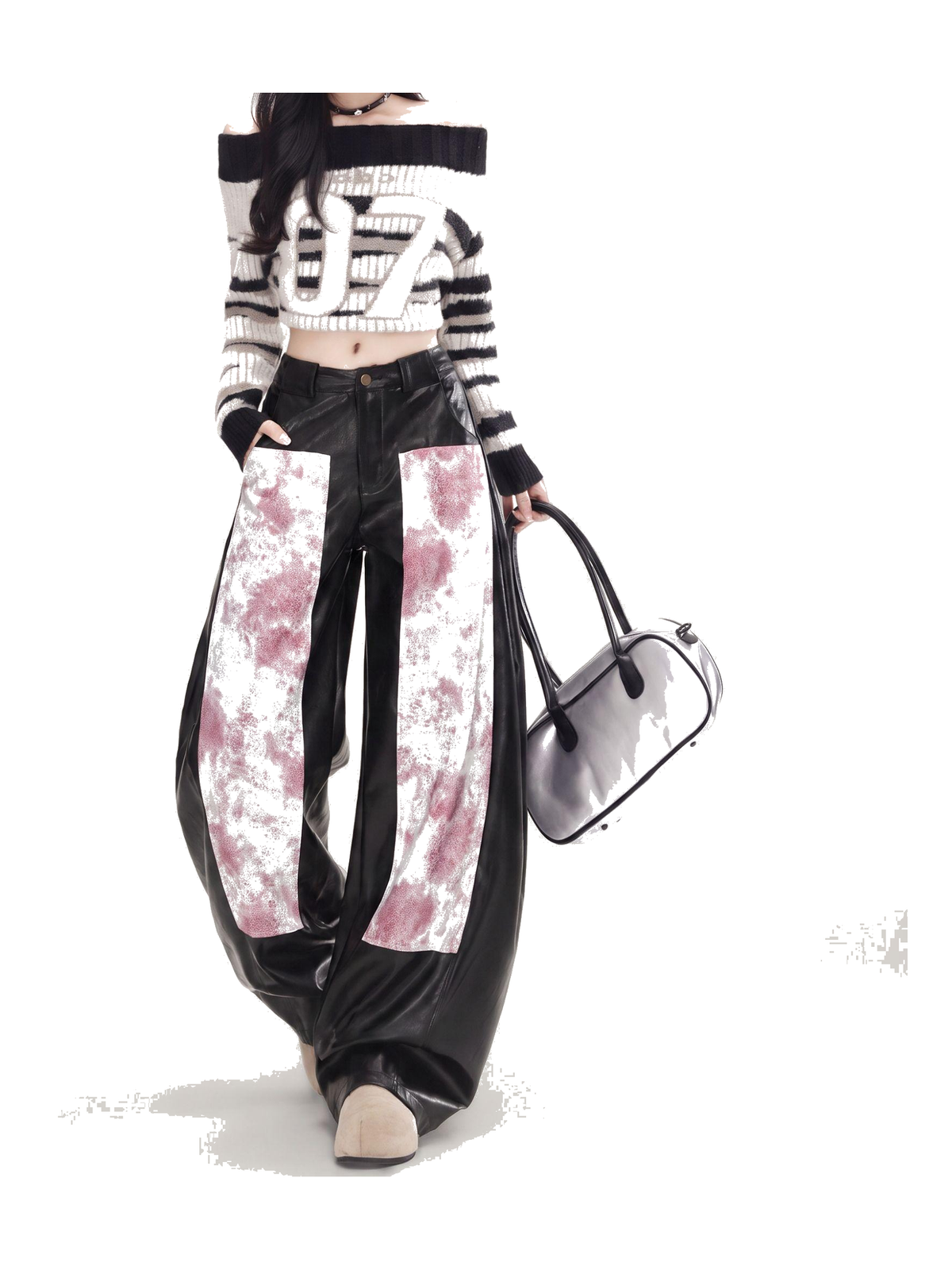 Contrast-Panel Faux-Leather Wide-Leg Pants product image 4