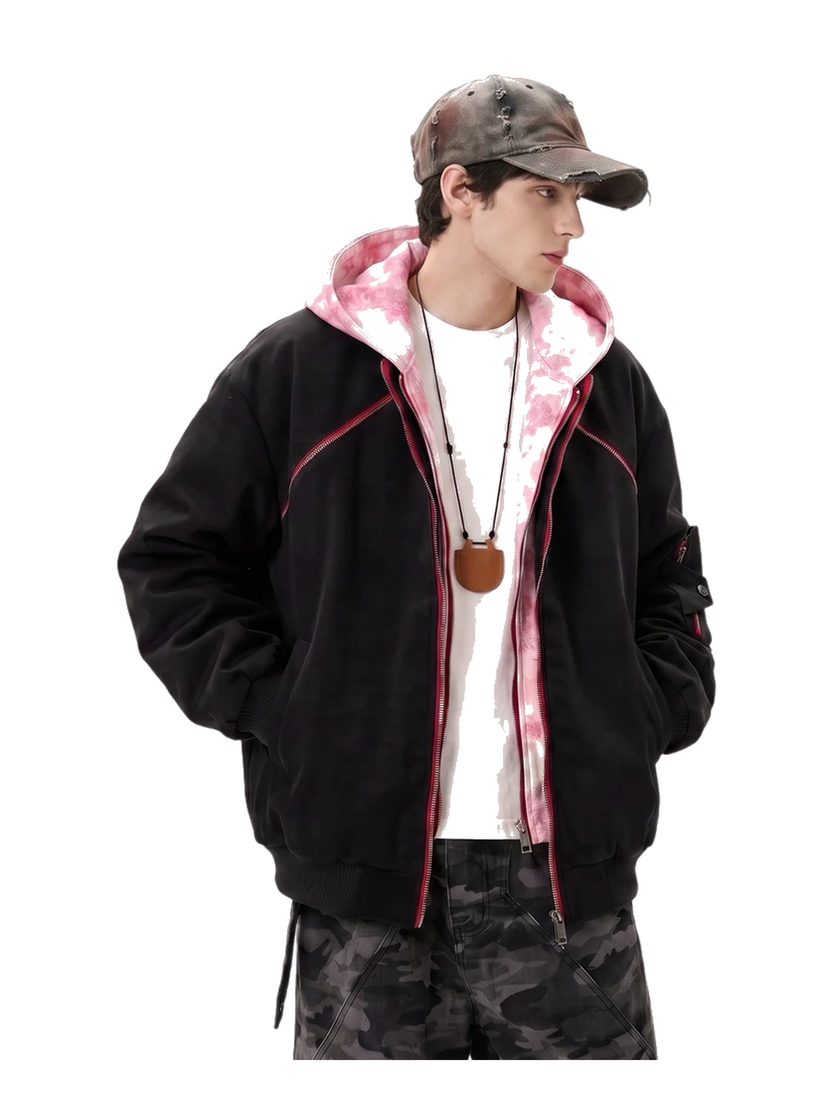 Layered-Hood Faux-Leather Bomber Jacket product image 1