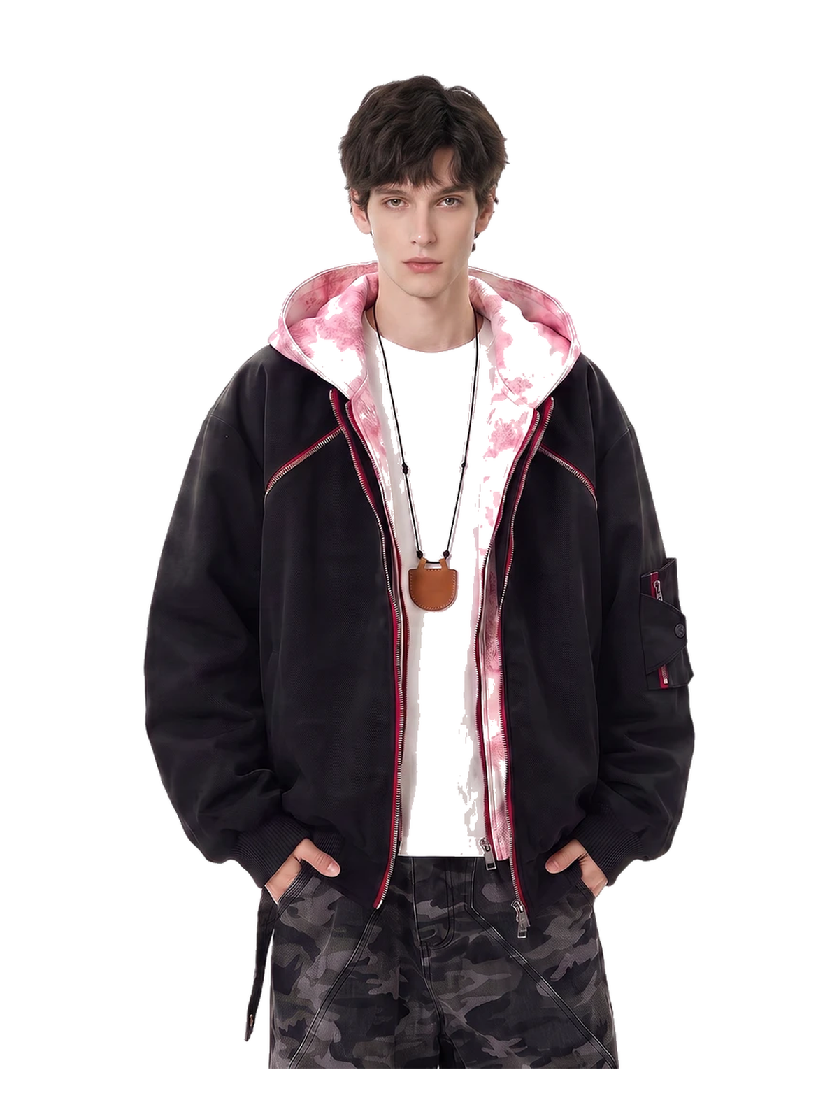 Layered-Hood Faux-Leather Bomber Jacket product image 2