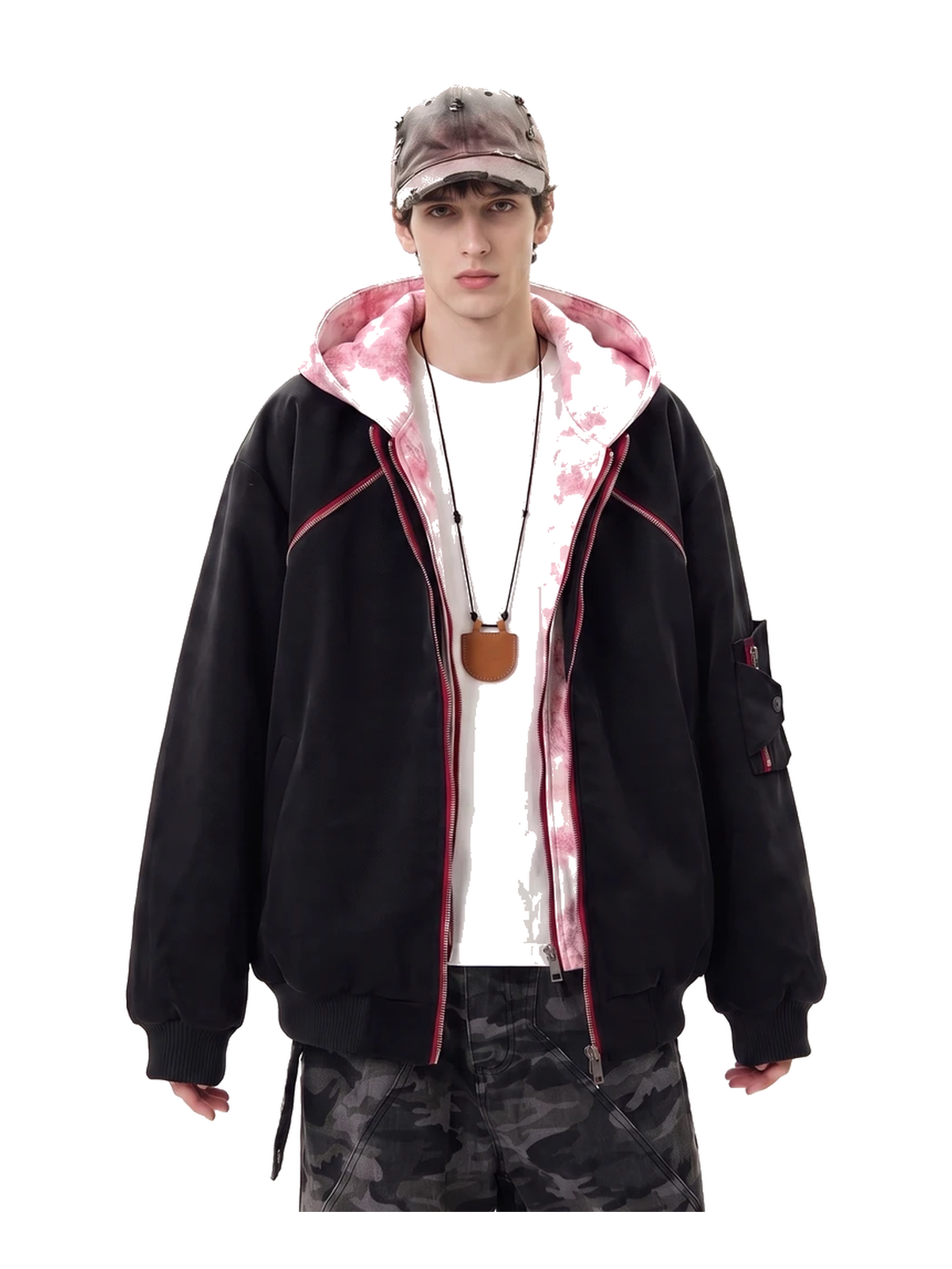 Layered-Hood Faux-Leather Bomber Jacket product image 3