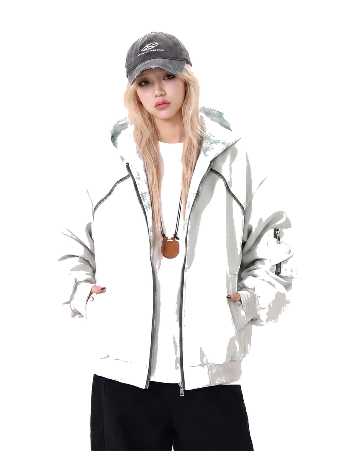 Layered-Hood Faux-Leather Bomber Jacket product image 4