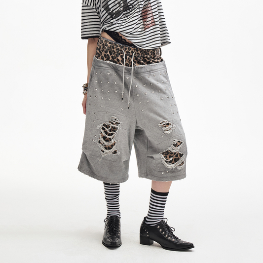 Ace Jolun Leopard Star Rhinestone Double-Waist Shorts - Black